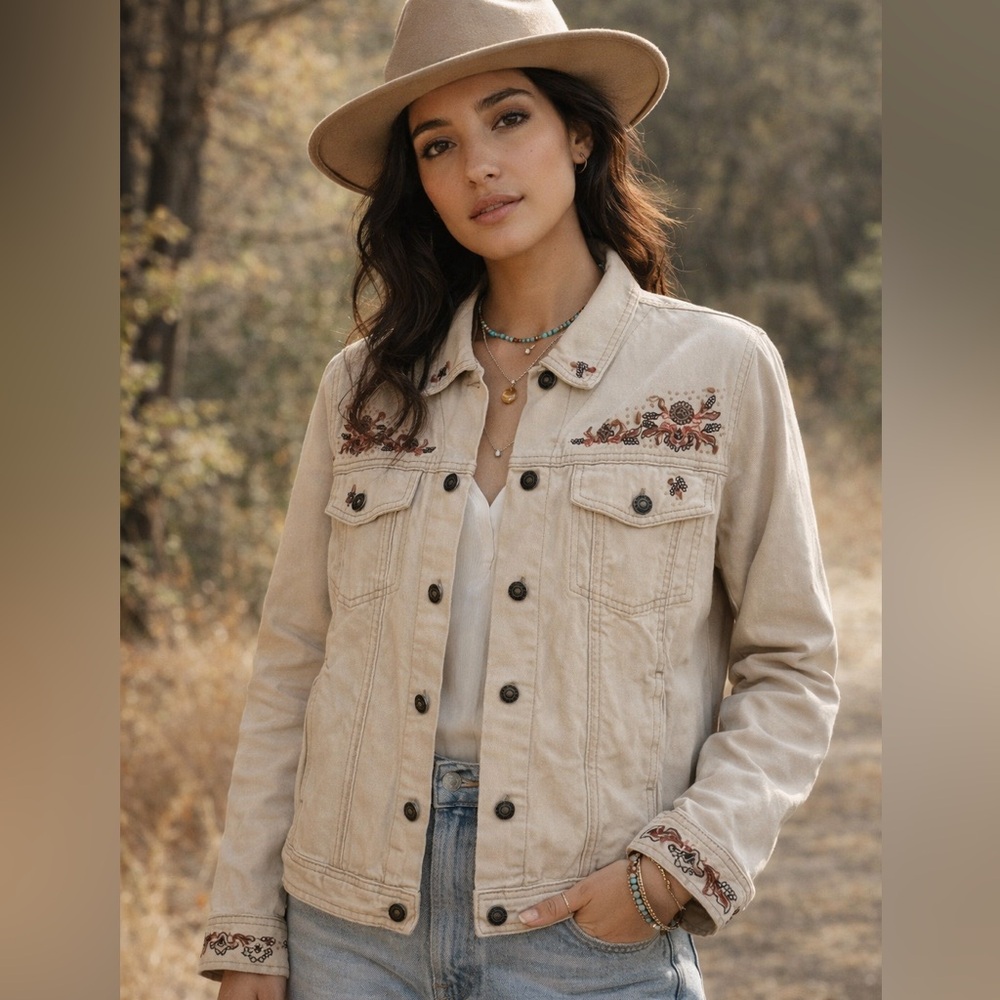 Y2K Denim & Co Women Embroidered Jacket L Western Beaded Country Button‎ Khaki